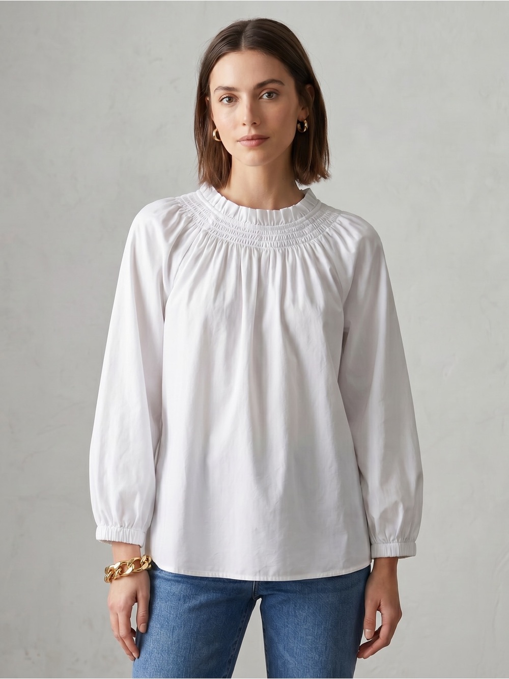 J Crew ** Crisp White Smocked Neck Cotton Top Size Large NEW Cottagecore Poplin